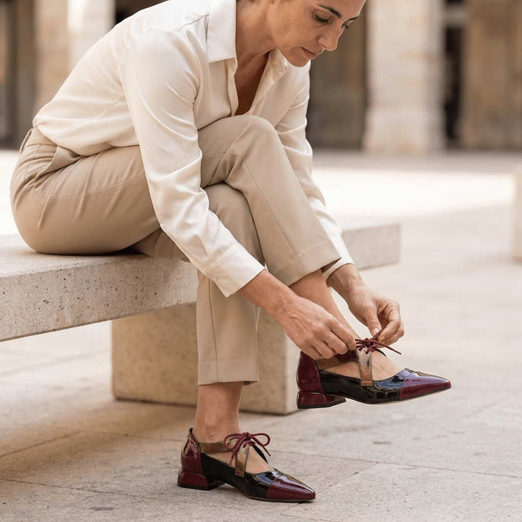 Mulher sentada num banco de pedra, de camisa creme e calças bege, a atar os cordões do sapato Mary Jane Azarey bordeaux e preto