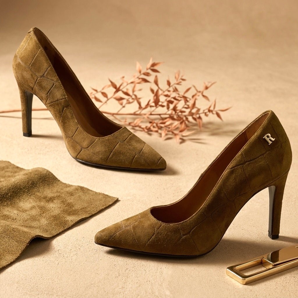 Par de sapatos Ruika em camurça camel texturada com logótipo R metálico, sobre fundo bege com ramo decorativo