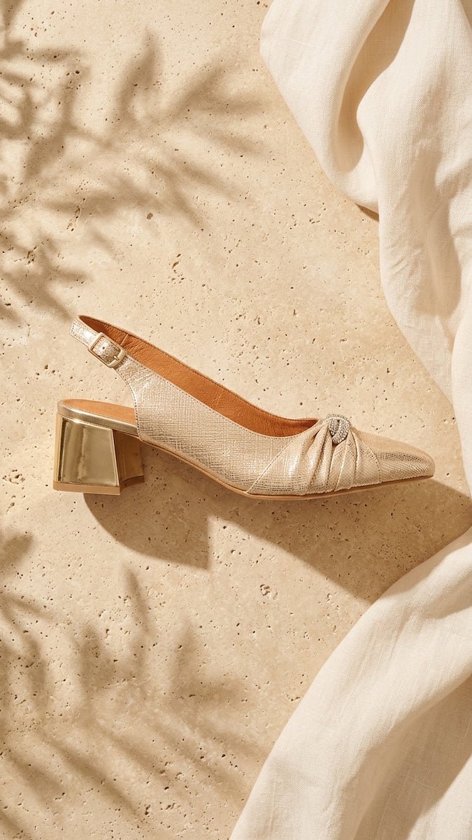 Sapato Slingback Ruika com Salto Bloco 5 cm — Elegância Metalizada - Roma Pell