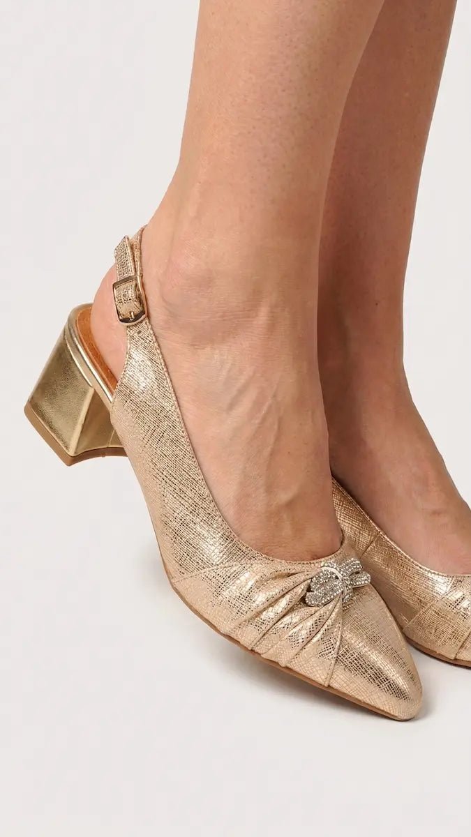 Sapato Slingback Ruika com Salto Bloco 5 cm — Elegância Metalizada - Roma Pell