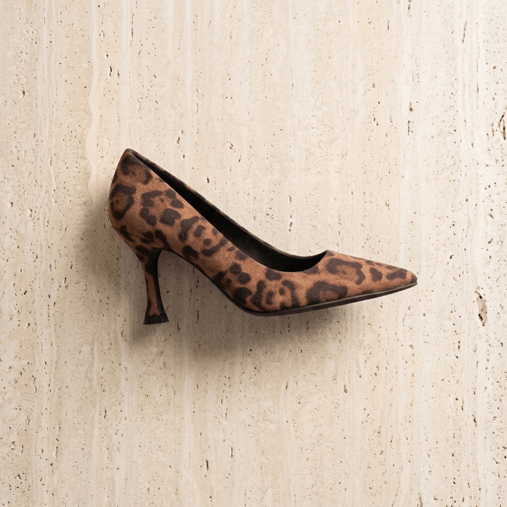 Sapato Xti Animal Print em vista lateral, encostado a uma parede em pedra travertino, destacando o padrão leopardo e o salto stiletto