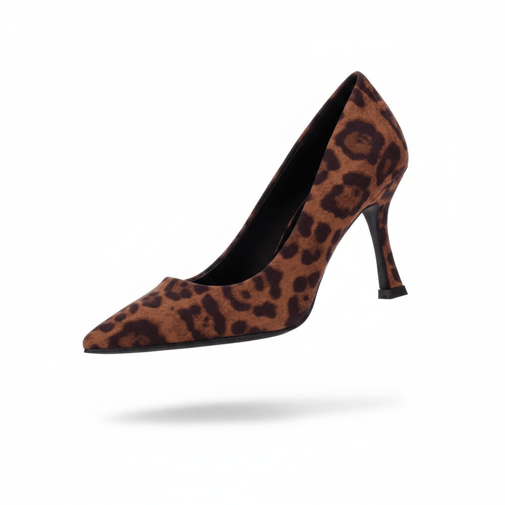 Sapato Xti Animal Print em têxtil leopardo, bico fino e salto stiletto de 8cm, fotografia de produto em fundo branco