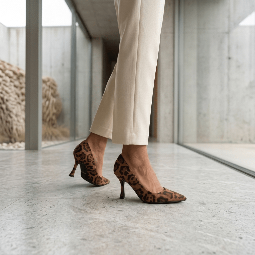 Pernas de mulher com calças bege a caminhar junto a uma parede em vidro e betão, a usar o sapato Xti Animal Print, ambiente arquitetónico minimalista