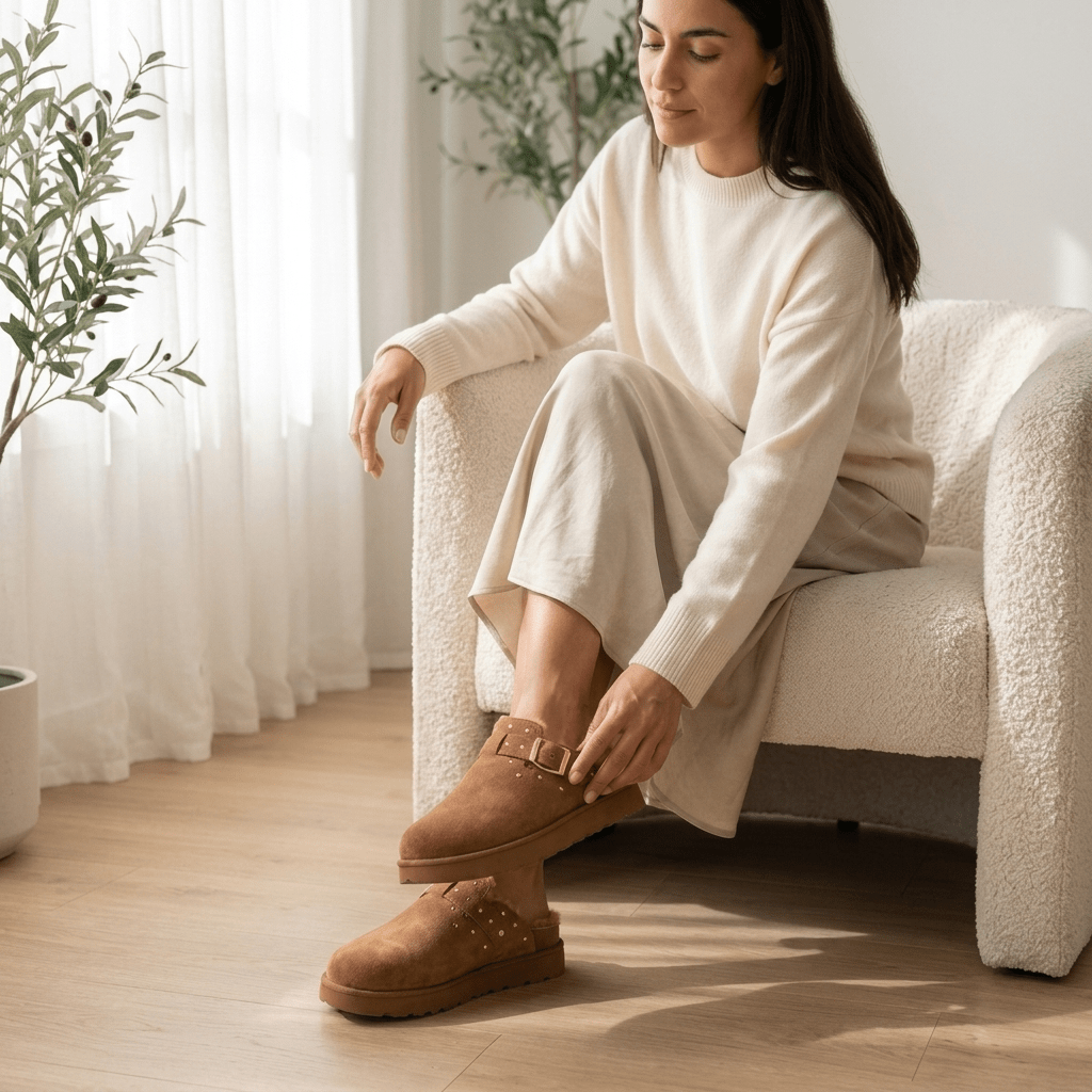 Mulher sentada numa poltrona a ajustar a fivela lateral de um tamanco XTi em camurça camel, em ambiente interior acolhedor com planta e cortinado claro.