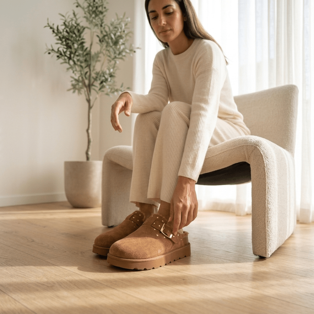 Mulher sentada numa poltrona com ambos os tamancos XTi em camurça camel calçados, ajustando a fivela, em ambiente interior com planta e luz natural.